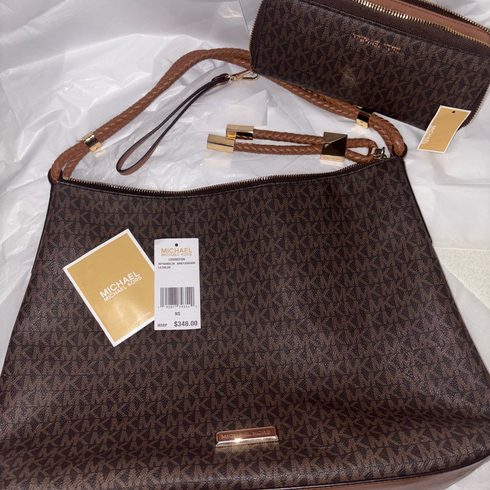Michael Kors Dark Brown Signature Shoulder Bag and Matching Wristlet Wallet Set